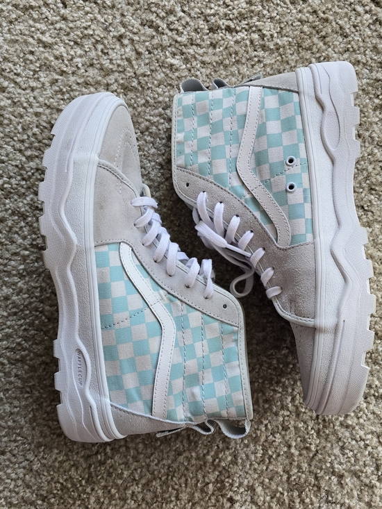 Vans Shoes - Vans High-Top Checkerboard Sneakers in Teal and White